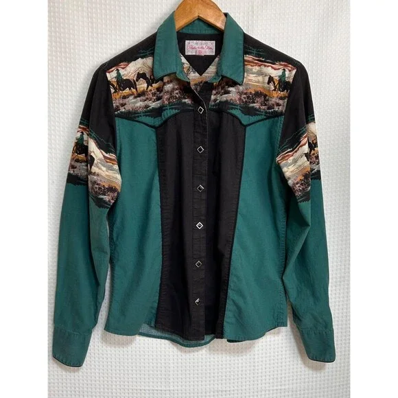 Vintage Panhandle Slim size M Pearl Snap Western Button Down Shirt Horses j - Picture 3 of 12